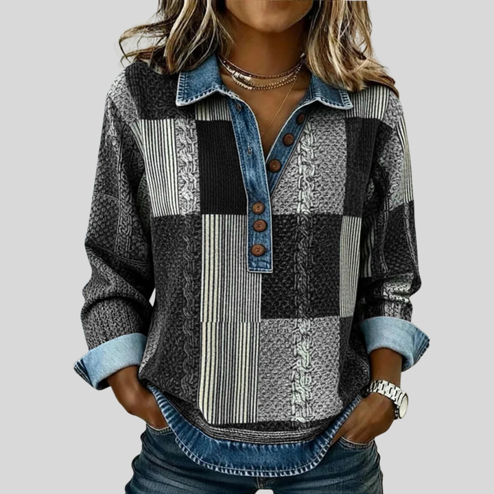 Carmina | Jersey Patchwork con Cuello Vaquero