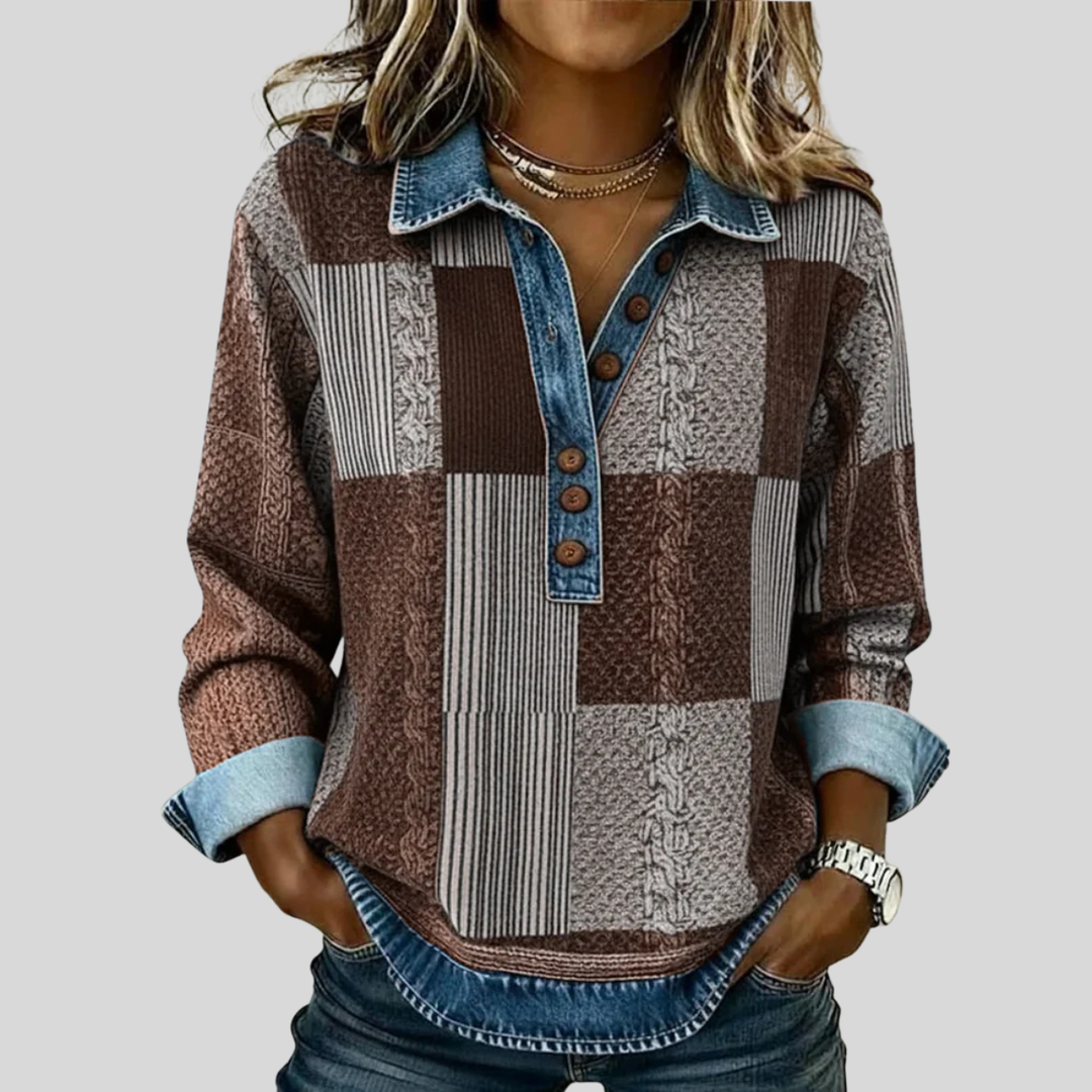 Carmina | Jersey Patchwork con Cuello Vaquero