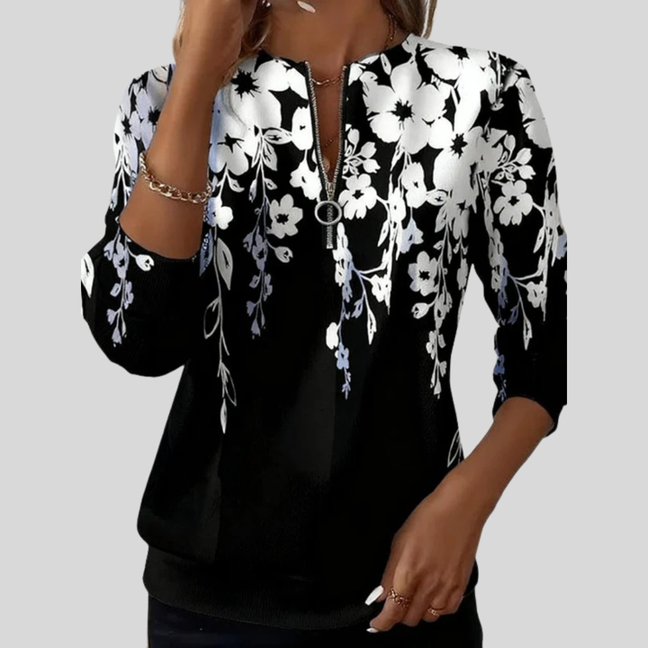 Juani | Sudadera Negra con Flores Blancas y Cremallera
