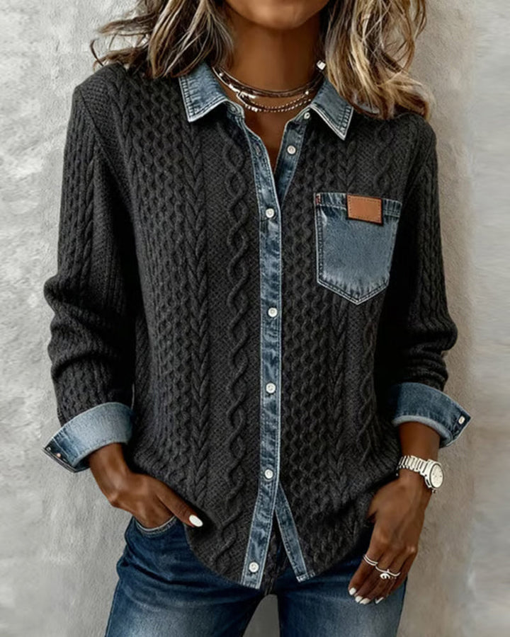 Charo | Chaqueta de Punto Trenzado con Detalles Vaqueros