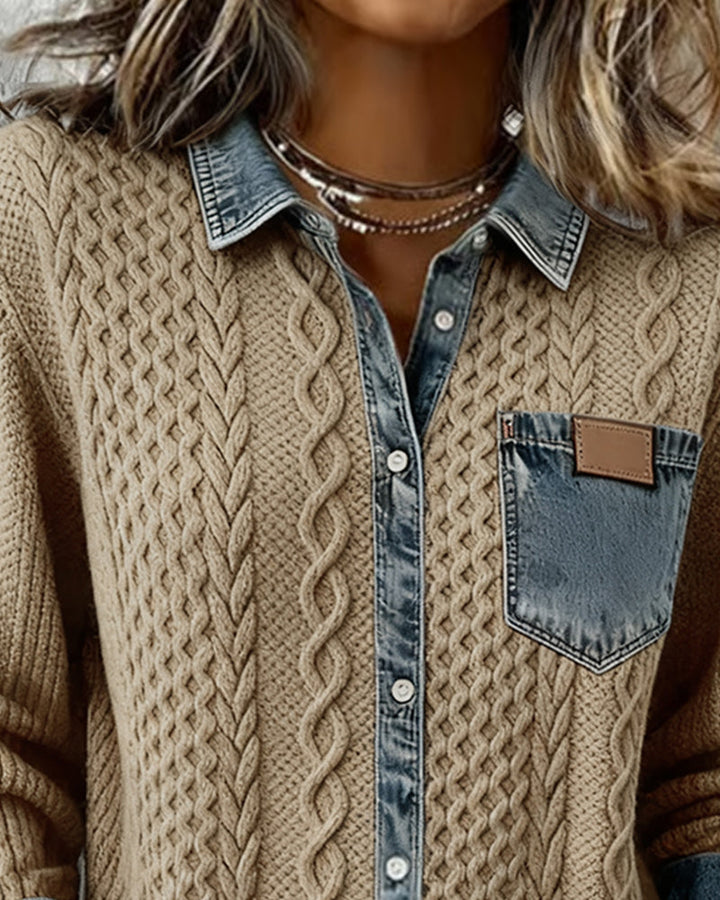 Charo | Chaqueta de Punto Trenzado con Detalles Vaqueros