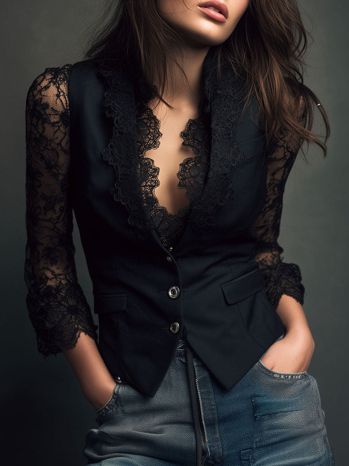 Noelia | Blazer Negro con Mangas Semitransparentes
