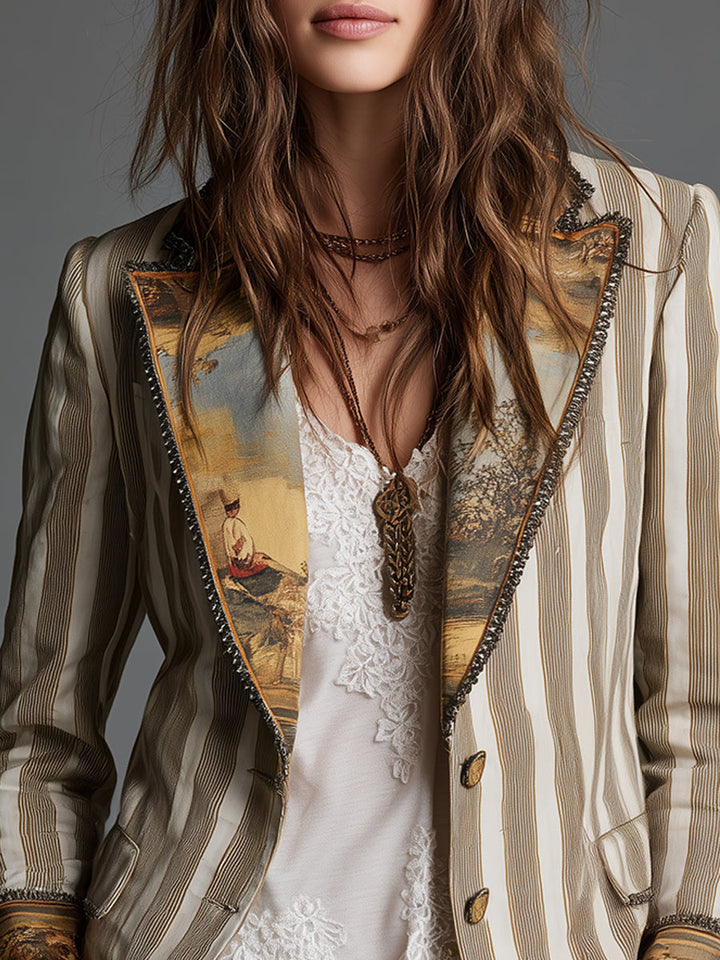 Susana | Blazer Boho de Rayas con Cuello Estampado