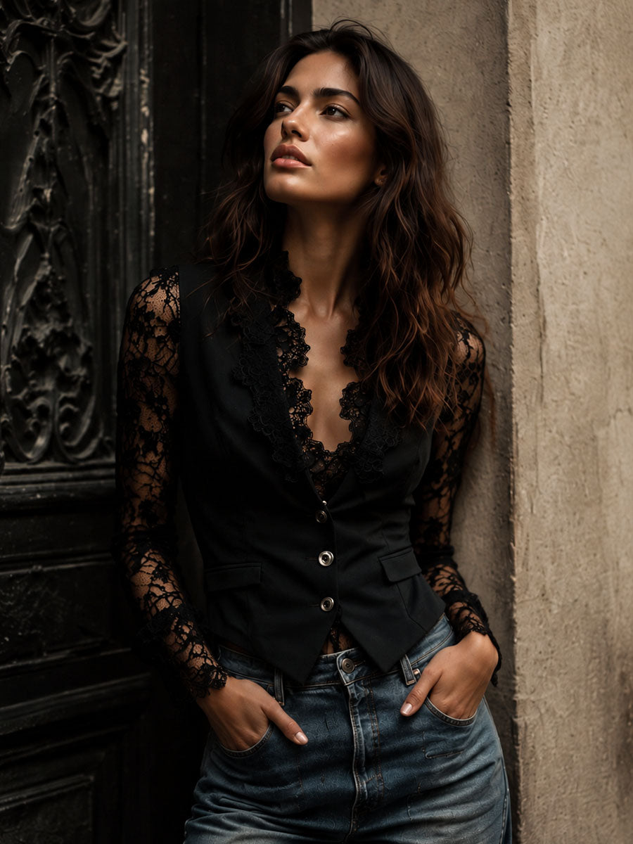 Noelia | Blazer Negro con Mangas Semitransparentes