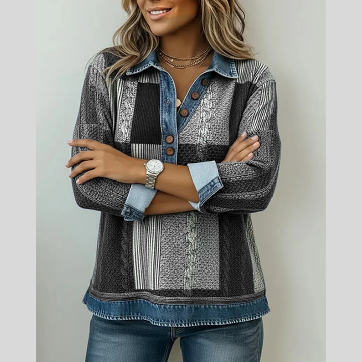 Carmina | Jersey Patchwork con Cuello Vaquero