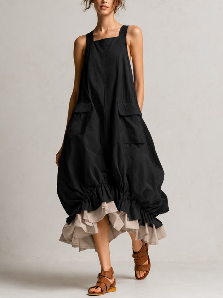 Manuela | Vestido Midi Burbuja con Bolsillos y Volante Escalonado
